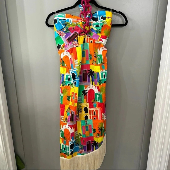 NWT Alden Adair Shoshana Dress Casablanca Print Halter Fringe Size Large - Picture 2 of 8
